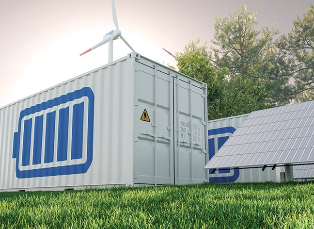 Solar Panel, Wind Turbines and Li-ion Battery Container