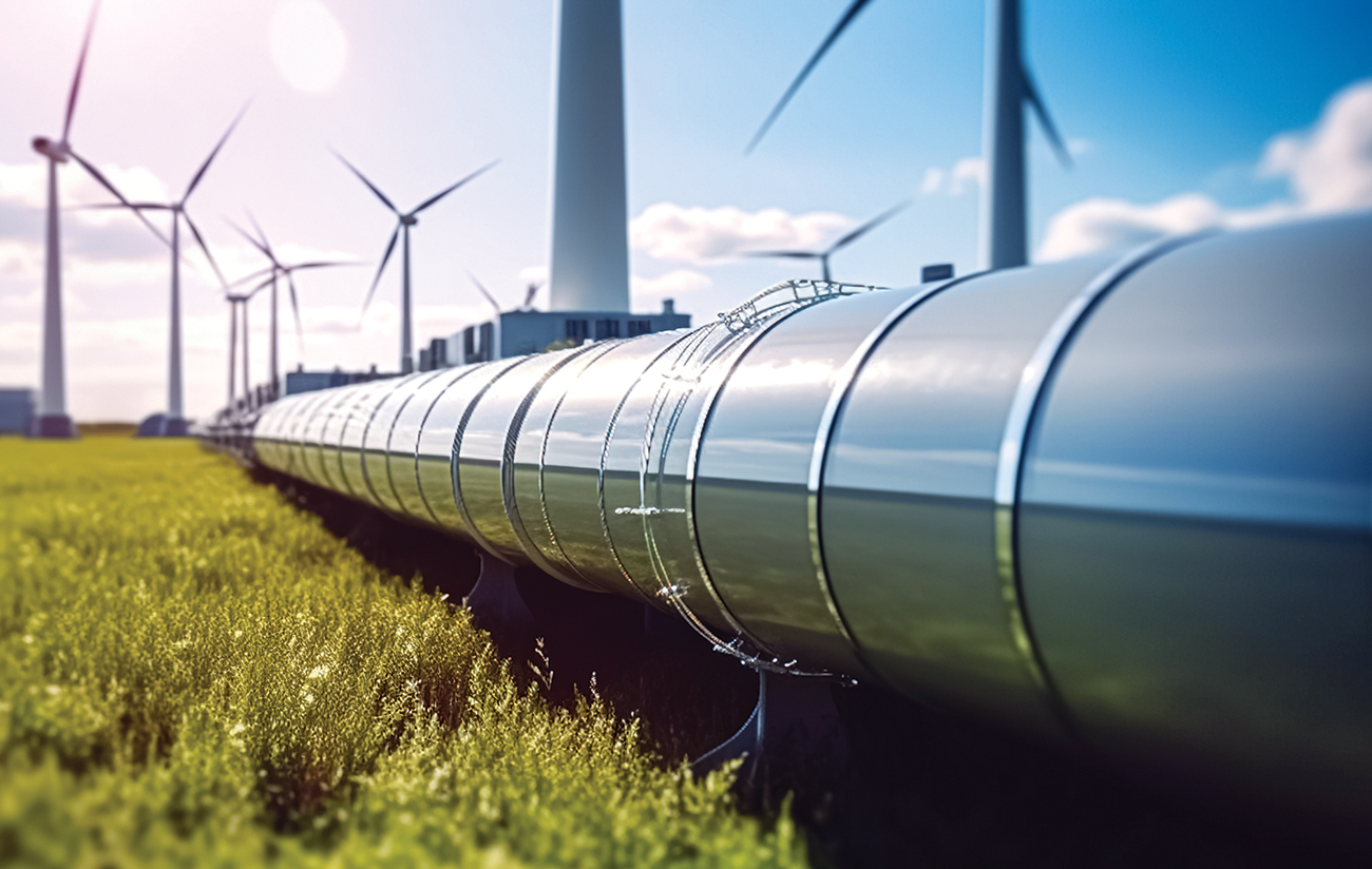 Hydrogen pipeline with wind turbines