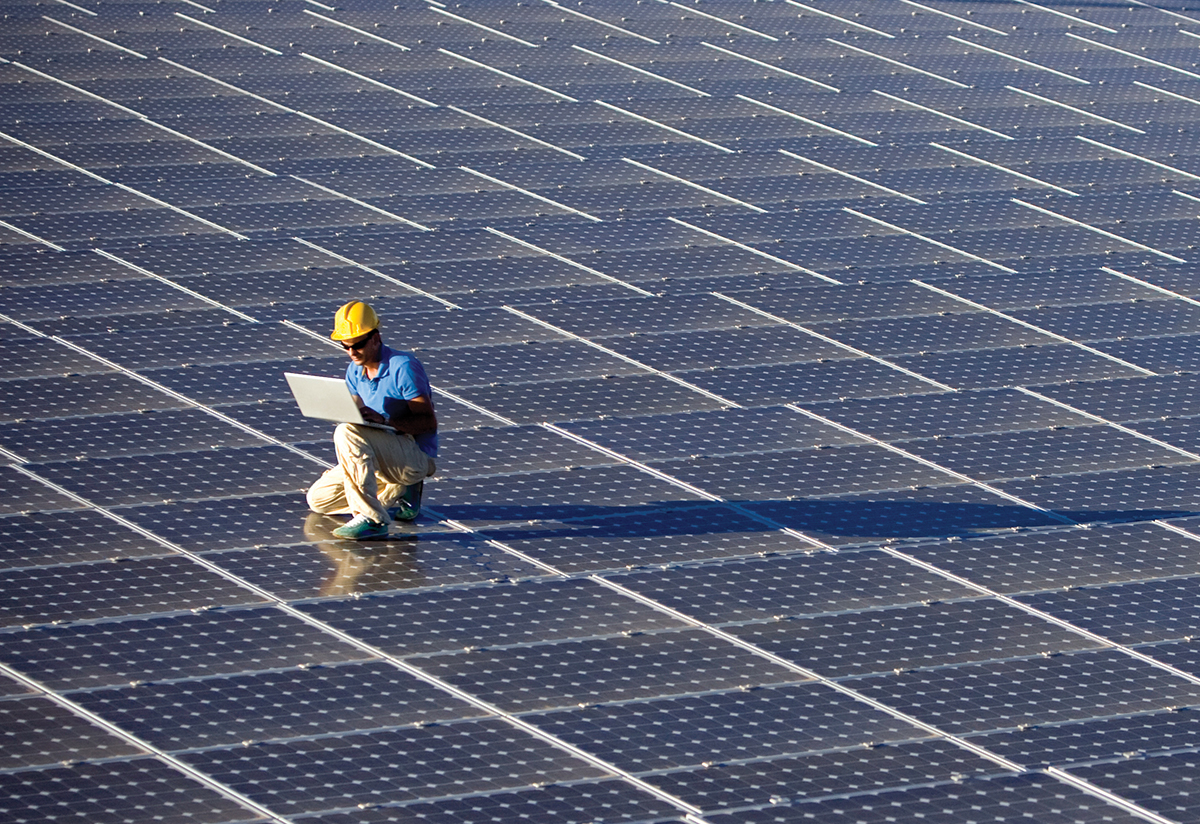 An engineer working at a photovoltaic farm